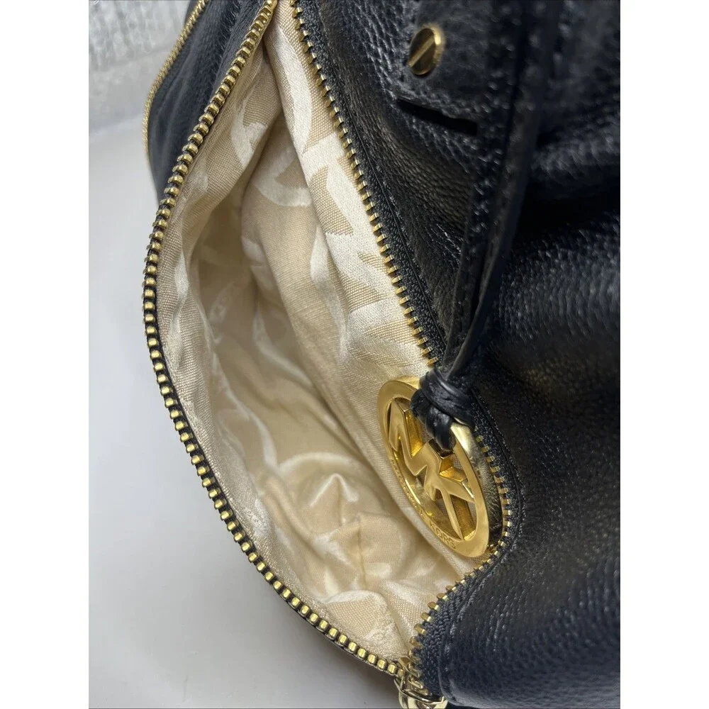 Michael Kors Portland Pebbled Black Leather Satchel Purse Gold Zipper Handbag